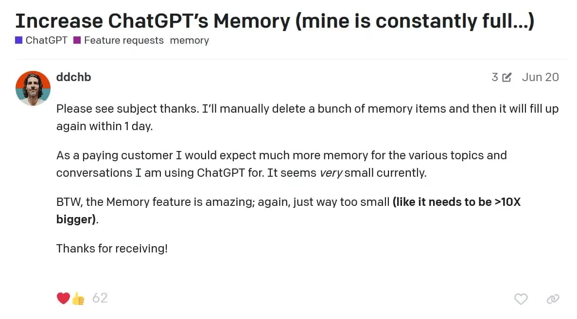 A complaint about ChatGPT's memory being always full