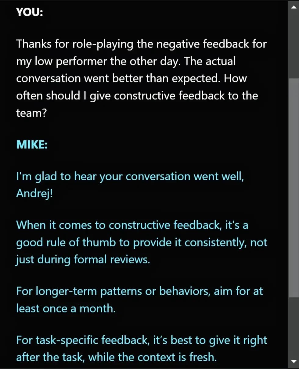 Screenshot of a follow-up with a management coach after giving constructive feedback